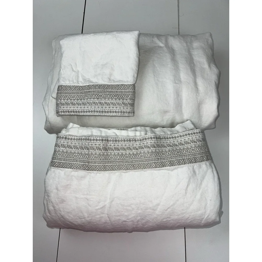 Restoration Hardware MILOU EMBROIDERED  LINEN Queen Sheet Set w/ 1 Standard Sham